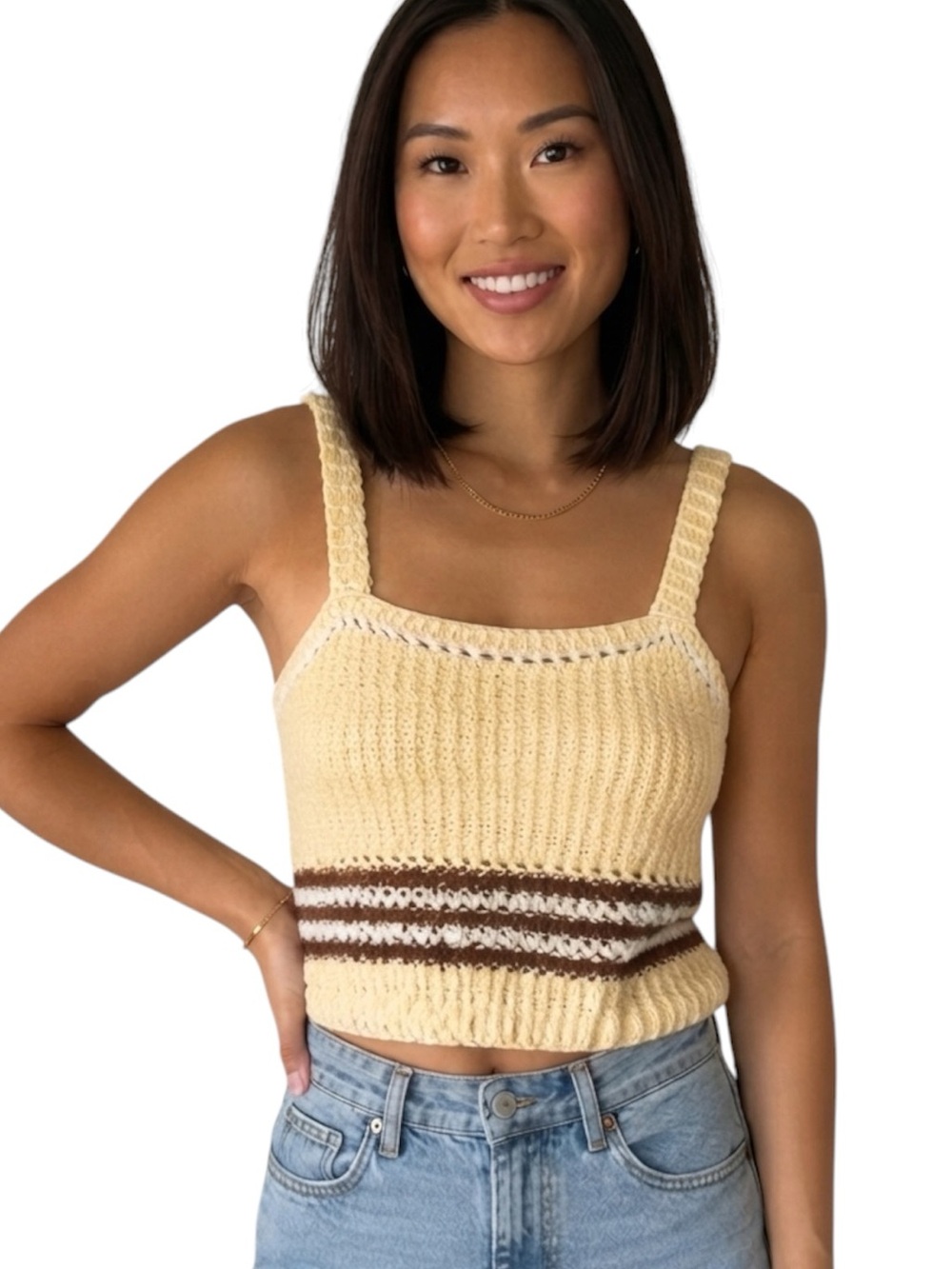 Little Moon NWOT Creamy Yellow
Crochet Crop Tank Brown & White Stripes Size M